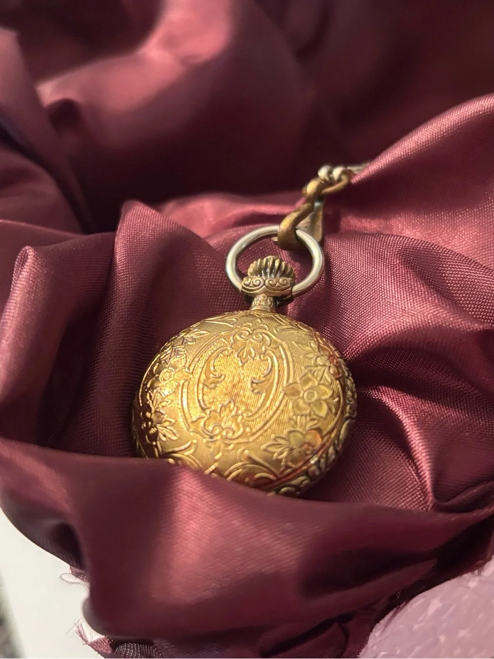 Art Nouveau Style Filigree Pocket Watch Necklace with matching antique chain.